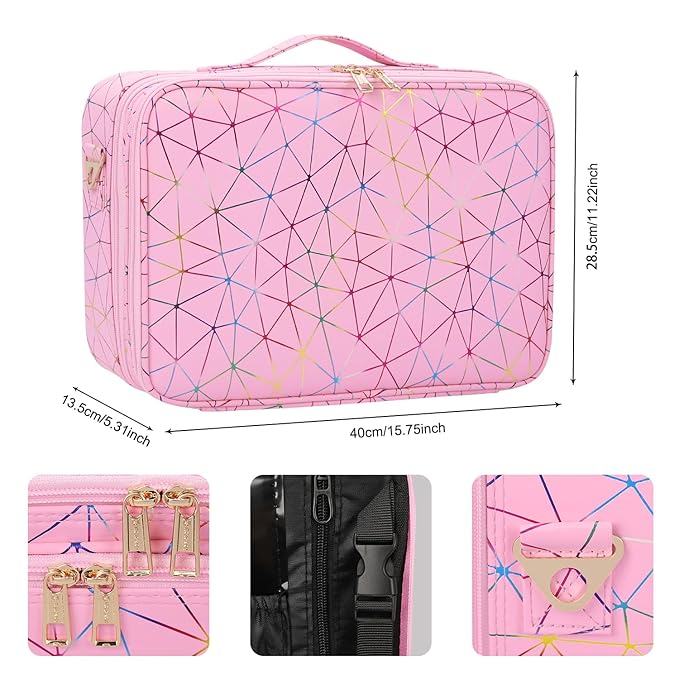 Professional Makeup Case Bag|3 Layers Large Capacity Cosmetic Organizer Brush Bag,Barber Train Case Makeup Artist Box,PU Leather Stylish Geometric Reflection Patterns Pink
