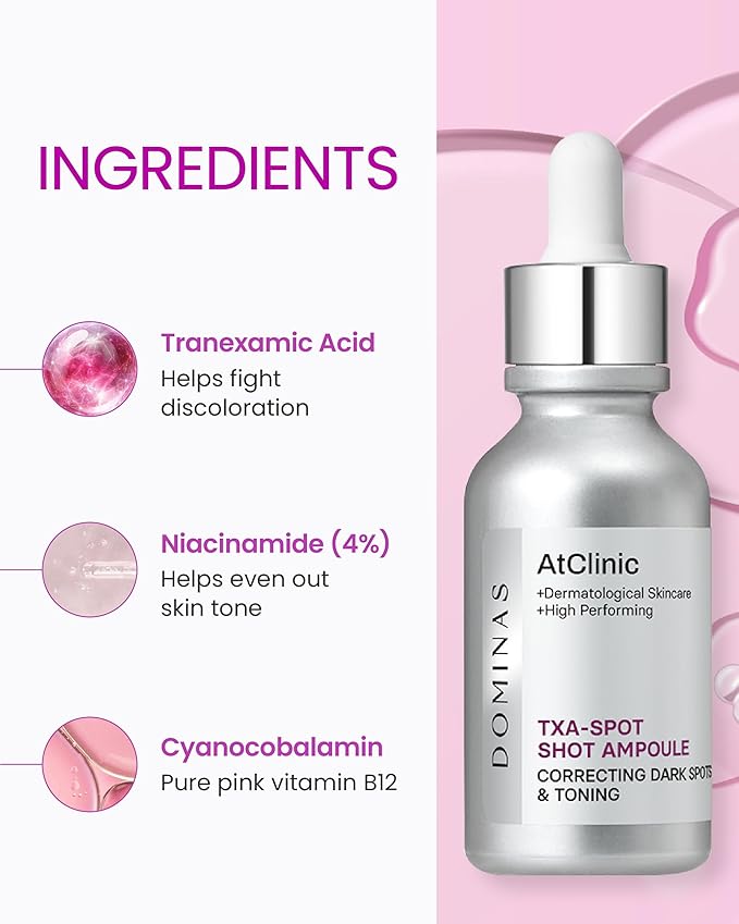 AtClinic DOMINAS Tranexamic Acid Pink Serum (1fl oz) - Improve Skin Tone and Hyperpigmentation, Ampoule for All Skin Types. Korean Skin Care. Niacinamide