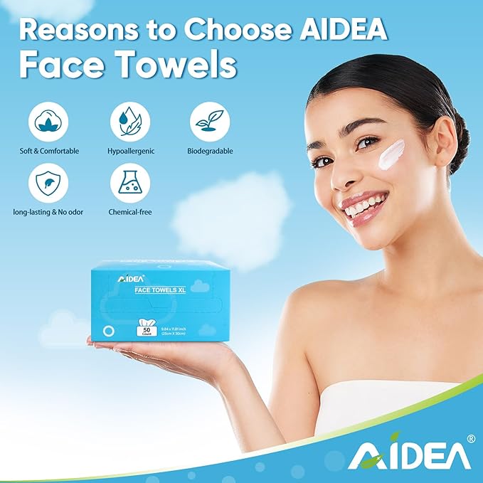 AIDEA XL Face Towels Disposable 50Ct, Clean Facial Cloths, Facial Cleansing Wipes for Sensitive Skin, Face Towelettes for Makeup Removing, Nursing, Travel, Dry Wipes 9.84"×11.81"