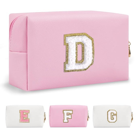 Personalized Initial A-Z Preppy Patch Makeup Bag,Small PU Chenille Letter Cosmetic Bag with Zipper for Teen Girls,Pink Cute Toiletry Organizer Bag,Monogram Makeup Case Gift for Women Girls,Letter D