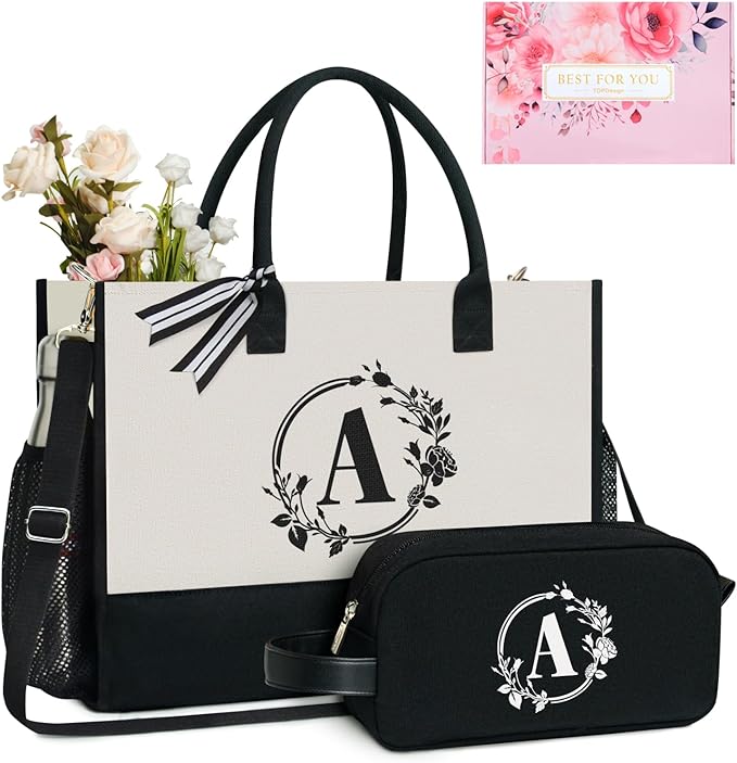 TOPDesign Personalized Initial Canvas Tote Bag, for Wedding, Birthday, Beach, Perfect Gifts for Women, Mom, Teachers, Friends