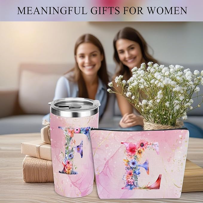 Personalized Gifts Monogrammed Birthday Gifts for Women, Aunt Grandma Retirement Christmas Initial 20 oz Tumbler, Makeup Bag Cup Ballpoint Pens Journal Notebook 6 Set, (Aesthetic Pink Flower F)