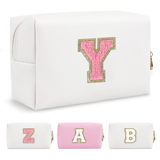 Personalized Makeup Bag Initial A-Z Preppy Patch Bag,Small PU Leather Travel Cosmetic Bag Pouch with Zipper,White Cute Toiletry Bag,Gift Ideal for Teen Girls Women Birthday Friend Mom,Letter Y
