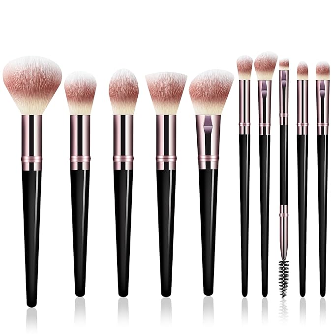 Makeup Brush Set, Premium Synthetic 10 PCS Makeup Brushes, Travel Makeup Brush Set with Soft Hairs, Makeup Brushes Set Professional for Blush, Eyeliner, Eyeshadow, Concealer, and Foundation (Black)