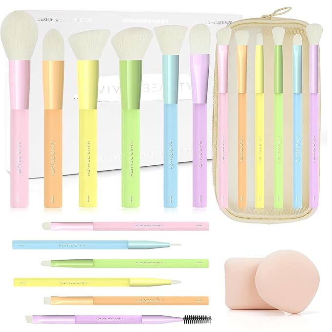 Makeup Brushes, 18Pcs Makeup Brush Set with 2 Sponges & Travel Bag, Colorful Make up Brushes for Foundation Powder Blush Blending Eyeshadow, Soft Synthetic Fiber, Rubber Handle, Face & Eye Brush Kit