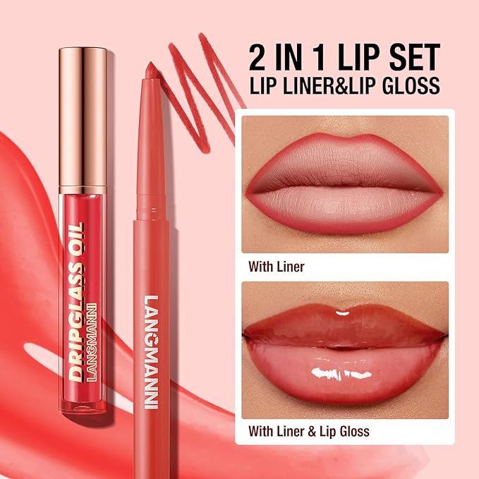 6pcs Hydrating Lip Oils + Lip Liner Pencil Lip Combo Sets, 24H Long-Lasting Lip Kit with Lip Liner and Gloss, Nourishing, Non-Sticky Tinted Stain Lip Gloss Plumping Lip Oil Set for Women(Set B)