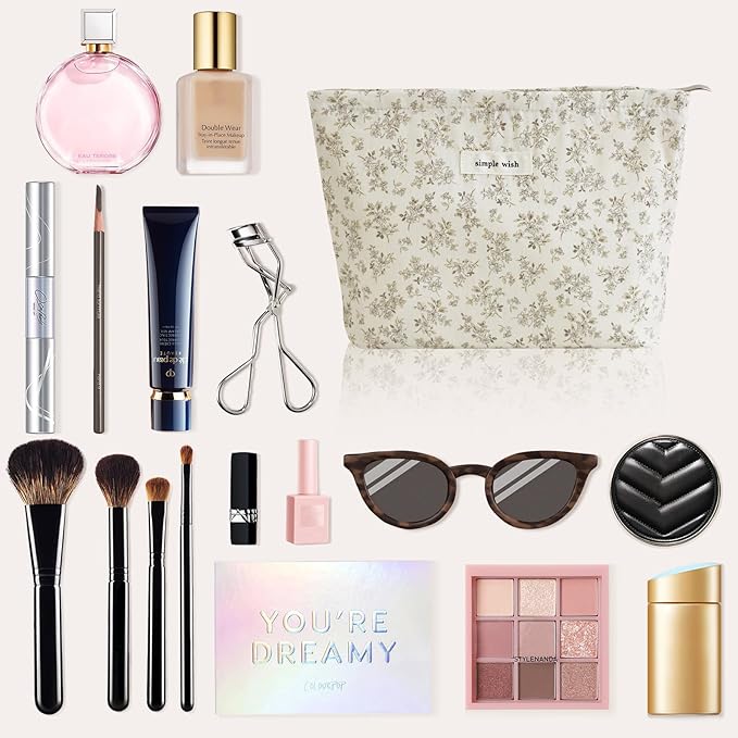 Wudygirl Cute Makeup Bag for Women - Travel Cosmetic Bag with Zipper Makeup Pouch Floral Make up Organizer Handbag Aesthetic (Khaki Floral)