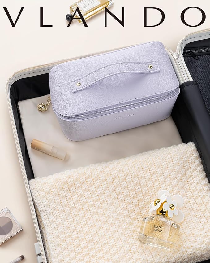 Vlando Makeup Bag,Large Capacity Toiletry Bag for Women Waterproof Portable Make up Pouch PU Leather Open Flat Cosmetic Bag(Purple)