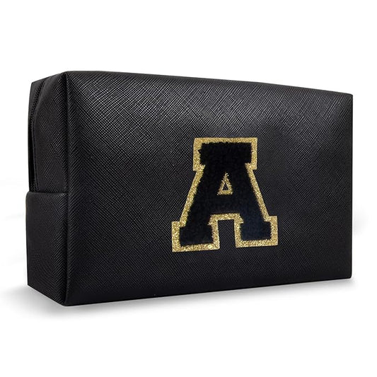 Personalized Initial A-Z Preppy Patch Makeup Bag,Small PU Chenille Letter Cosmetic Bag with Zipper for Teen Girls,Black Cute Toiletry Organizer Bag,Monogram Makeup Case Gift for Women Girls,Letter A