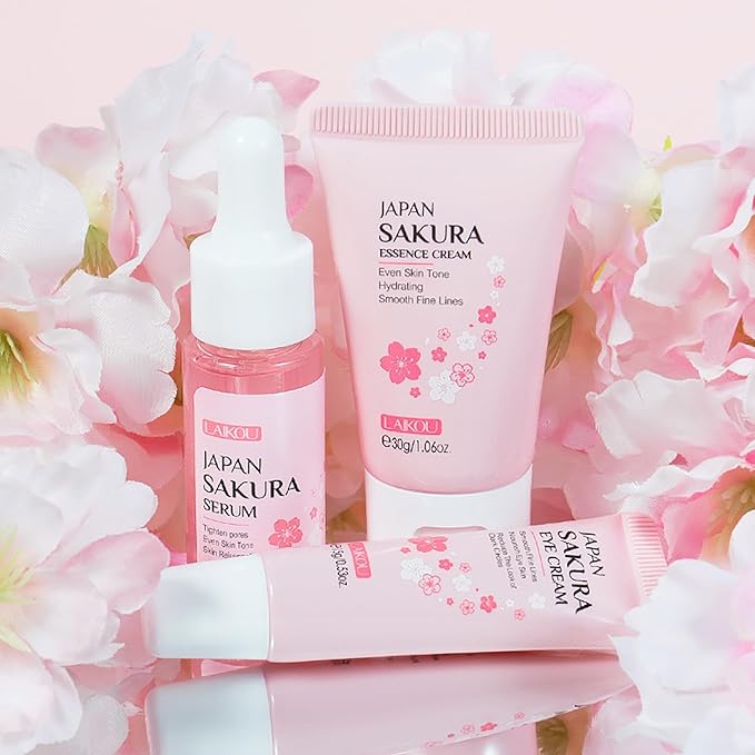 Skin Care Set JAPAN SAKURA Beauty Gift Sets Skin Care Kit with Serum, Eye Cream, Face Cream Travel Kit for Women Wife Mom Teen Girls TSA-friendly Sizes Christmas Gift 3pcs