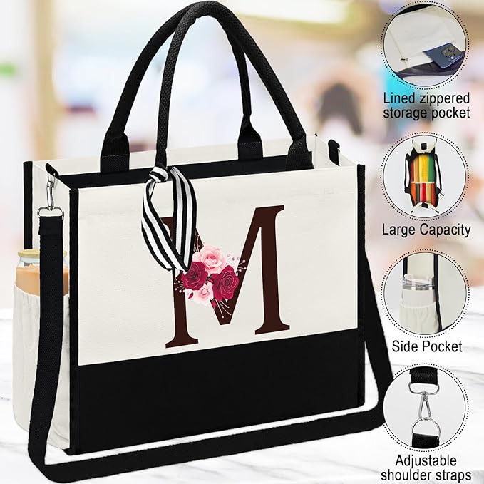 Birthday Gifts for Women,Initial Canvas Tote Bag,Gifts for Women,16oz Initial Glass Cup,Makeup Bag with Zipper,Jewelry Organizer Box,Personalized Gift for Mom-M