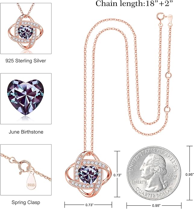 Iefil 925 Sterling Silver Love Knot Birthstone Necklace, Natural or Created Gemstone, Anniversary Birthday Gifts for Women, Jewelry Gifts for Wife Mom Girlfriend