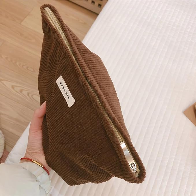 Wudygirl Makeup Bag Cosmetic Bags for Women Large Capacity Travel Toiletry Bag Corduroy Makeup Bag Organizer Zipper Pouch (Coffee)