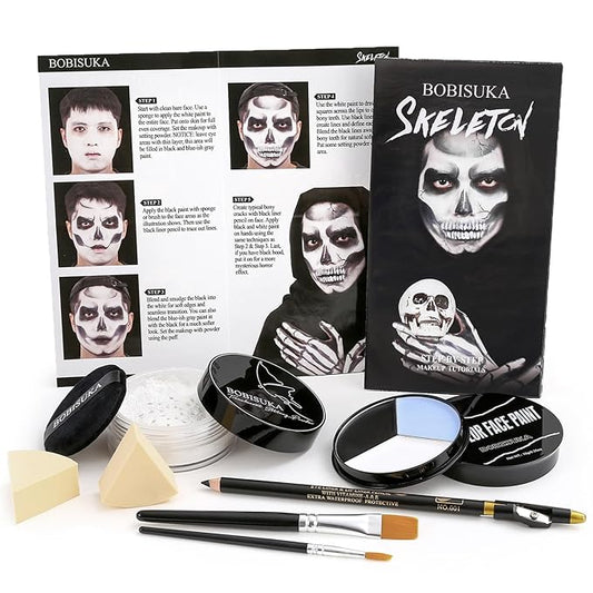 Halloween Skeleton Makeup, Complete Skeleton/Skull Makeup Kit Face Paint SFX Character Set, Professional Skeleton Make Up Kit for Costume Art Cosplay Dress-Up Party for Kids & Adults