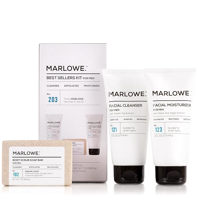 MARLOWE. Best Sellers Kit No. 203, Features Signature No. 102 Original Body Scrub Soap Bar, No. 121 Facial Cleanser & No. 123 Facial Moisturizer, Great Gift for Men