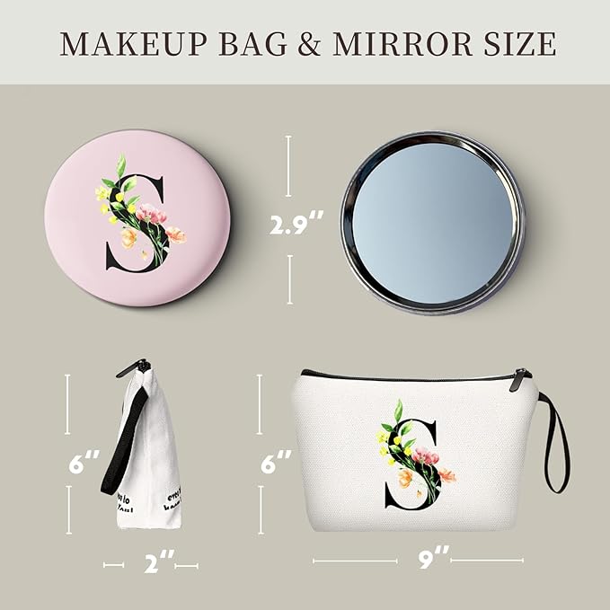 SEAMOON Birthday Bridal Shower Unique Initial Gifts for Women Mom Sister Daughter Friend Bff Personalized Travel Makeup Cosmetic Bag with Mirror Valentines Mothers Day Christmas Graduation S