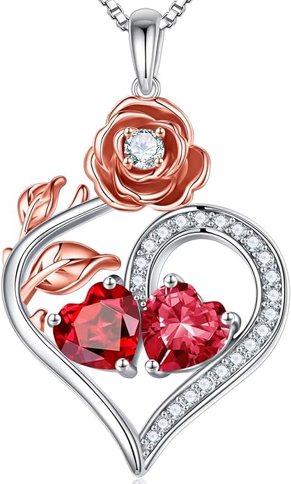 Iefil Rose Heart Birthstone Necklaces for Women - 925 Sterling Silver Double Birthstone Necklace, Anniversary Birthday Gifts for Women, Jewelry Gifts for Wife Her