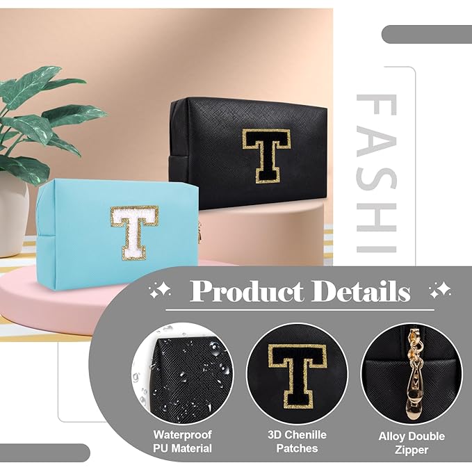 Personalized Initial A-Z Preppy Patch Makeup Bag,Small PU Chenille Letter Cosmetic Bag with Zipper for Teen Girls,Black Cute Toiletry Organizer Bag,Monogram Makeup Case Gift for Women Girls,Letter T