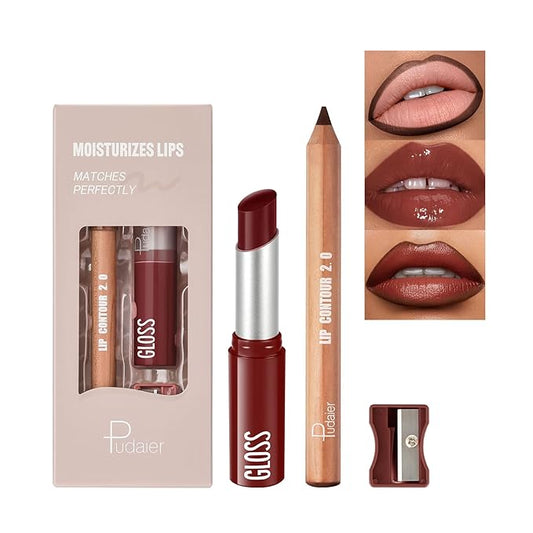 2Pcs Lipstick and Lip Liner Combo, Lip Liner and Lip Gloss Kit for Women, Matte Lip Pencil and Smooth Hydrating Lipstick with Sharpener, Non-Stick Lip Makeup Set