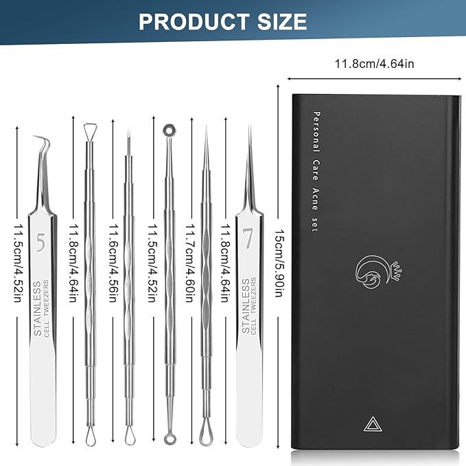 Professional Facial Blackhead Remover Tools,6-Piece Stainless Steel Acne Extractor Tools Set with Storage CaseKit for Whitehead Acne Blemishes Comedones Stainless Steel Makeup Tool