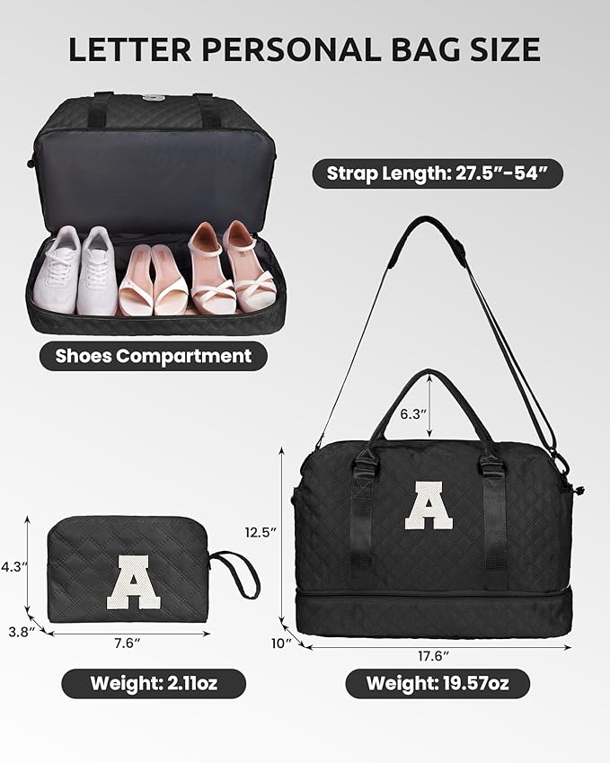 Initial Duffle Bag with Shoe Compartment, Personalized Weekender Bag with Shoulder Strap, Overnight Bag for Women with Trolley Sleeve & Wet Pocket, Travel Bag with Makeup Bag (Letter E)