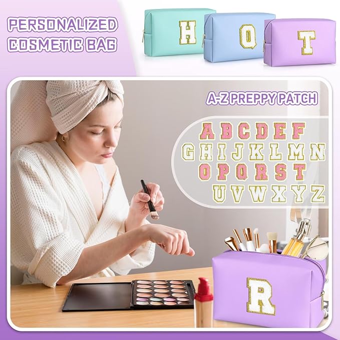 TOPEAST Personalized Makeup Bag, Chenille Letter Pouch Cosmetic Bag w Zipper, PU Leather Waterproof Toiletry Bag, Bridal Shower Gifts for Bridesmaids, Cute Stuff for Girls (Purple P)