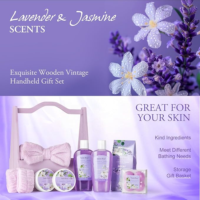 Mothers Day Gifts for Mom, 13-Piece Lavender Jasmine Bath & Body Gift Set for Women, Spa Gift Basket, Self Care Kit Bubble Bath, Bombs, Christmas, Birthday Gifts, All Occasion Holiday Present