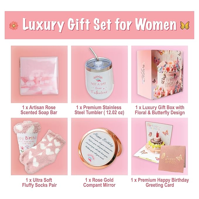 Unique Birthday Gifts for Women, Present Ideas for Her, Mom, Wife, Sister, Friend, Coworker Luxury Birthday Box for Women Gift Basket with Tumbler, Rose Soap, Mirror Birthday Greeting Card