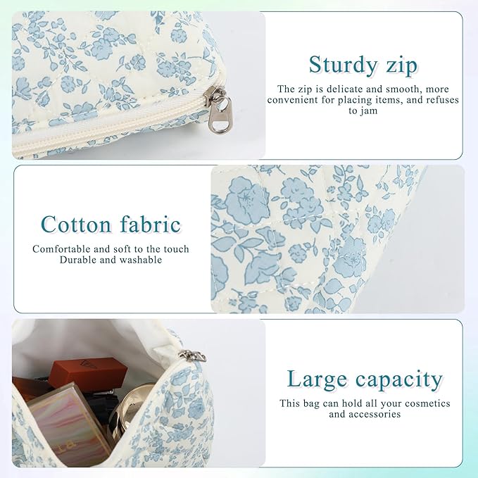 Anfly Makeup Bag, Quilted Cosmetic Bags, Large Floral Make Up Bag, Cute Makeup Bag 3PC Set for Women Girls (Blue)