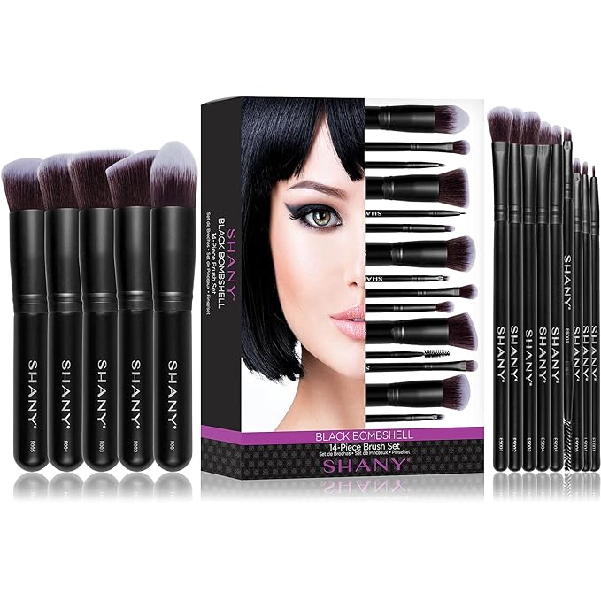 SHANY Makeup Brushes - Black Bombshell - 14-Piece Brush Set – Foundation Powder Concealers Eye Shadows Makeup brushes - Complete Kabuki Makeup Brush Set in Black - 14 PCS