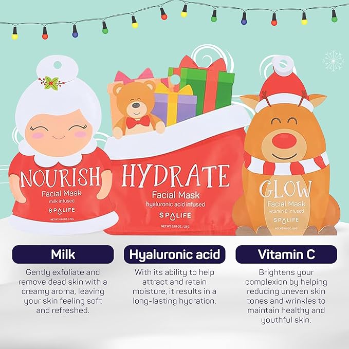 SpaLife Beauty Santa’s Squad Christmas Face Mask Bundle | Korean Facial Masks | Hydrating, Soothing, Complexion Enhancing and Firming Sheet Mask Set | Christmas Gifts for Women | 12 Pack