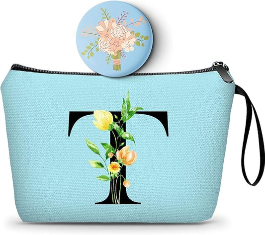 Women Birthday Unique Bride to be Bridal Shower Initial Gifts for Mom Sister Friend Her Teacher Aunt Makeup Cosmetic Bag with Mirror Mothers Day Christmas Graduation T