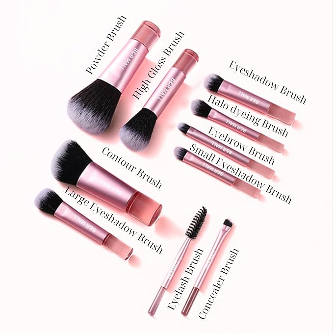 B&R MALL Mini Makeup Brush Set – Super Soft Brushes for Flawless Foundation, Concealer, Eyeshadow & More | 10-Piece Compact Brush Kit with Stylish Storage Box, Perfect for On-the-Go Touch-Ups (Pink)