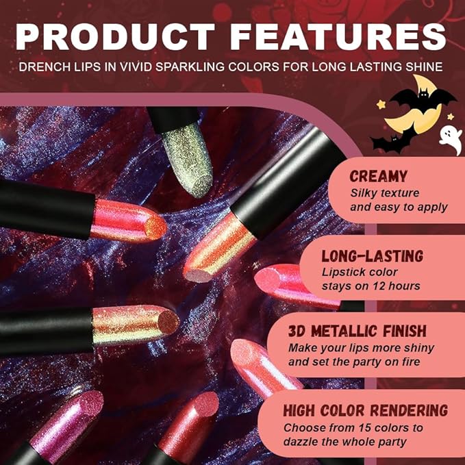 Kaely Glitter Metallic Lipstick, Shimmer Metallic Lipsticks for Women, High Pigmented Lip Gloss Long Lasting Waterproof Smudge Proof 24 Hour, Halloween Makeup, Vegan & Cruelty-Free, 11