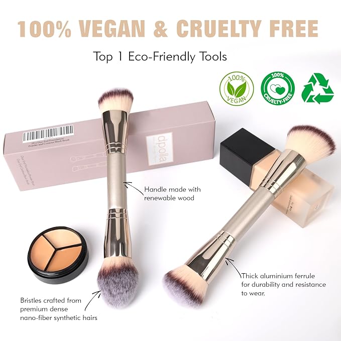 Foundation Makeup Brushes, 2Pcs Premium Dual-Ended Makeup Brush (Foundation, Powder, Blush & Contour Brushes) for Buffing Liquid, Cream, Powder, Blending Face Brush, Fit for Home, Travel & Gifting