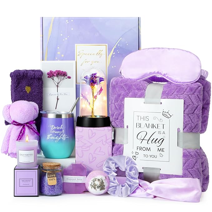 Gifts for Mom, Birthday Gifts for Women, Relaxing Spa Gifts Care Package with Luxury Flannel Blanket, Light-Up Rose Flower, Unique Mothers Day Gifts for Mom, Wife, Grandma, Sister, Friends