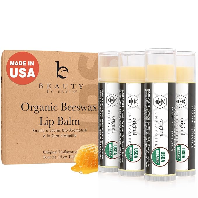 USDA Organic Lip Balm - USA Made with Natural Ingredients, 4 Pack Unflavored Chapstick for Dry Lips, Birthday Gifts for Her & Him, Lip Balm Hydrating Beauty Gifts, Lip Moisturizer, Mens Gift Ideas