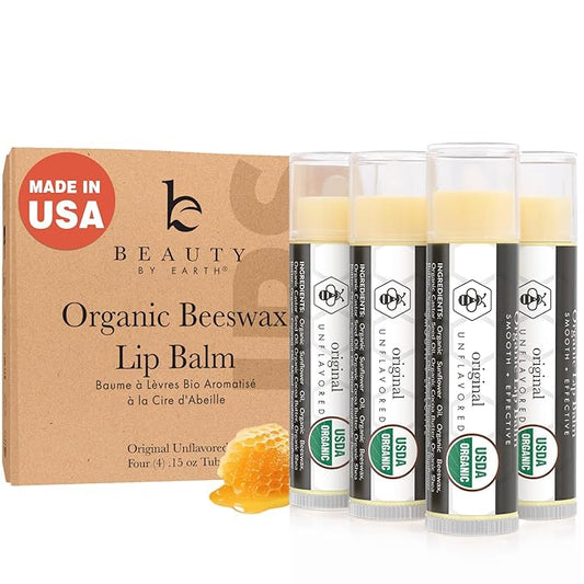 USDA Organic Lip Balm - USA Made with Natural Ingredients, 4 Pack Unflavored Chapstick for Dry Lips, Birthday Gifts for Her & Him, Lip Balm Hydrating Beauty Gifts, Lip Moisturizer, Mens Gift Ideas