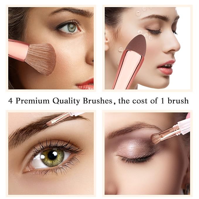 Raffaello 4-in-1 Travel Makeup Brush, Multi-use Makeup Sponge, Eyeshadow, Eyebrow, Liner & Blush Blending Brush for Foundation, Concealer, Powder, Vegan, Dual-Ended Make Up Brush Set (1pcs RoseGold)