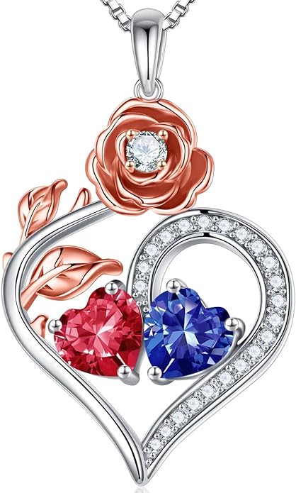 Iefil Rose Heart Birthstone Necklaces for Women - 925 Sterling Silver Double Birthstone Necklace, Anniversary Birthday Gifts for Women, Jewelry Gifts for Wife Her