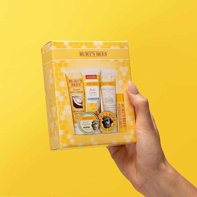 Burt's Bees Christmas Gifts, 6 Stocking Stuffers Products, Timeless Minis Kit - Original Beeswax Lip Balm, Coconut Foot Cream, Milk Honey Body Lotion, Deep Cleansing Cream, Res-Q Ointment & Hand Salve