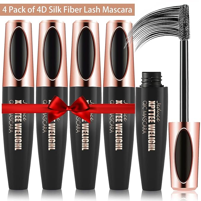 4D Silk Fiber Lash Mascara Extension - 4 Pack Voluminous, Waterproof & Smudge-Proof, Long-Lasting No Flaking, Natural No Clumping, All Day Exquisitely Full