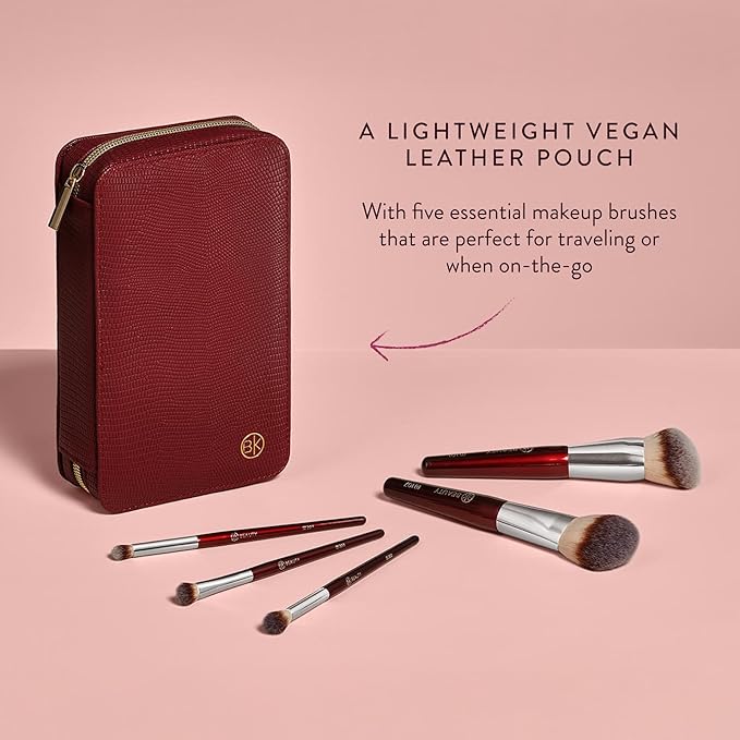 BK BEAUTY Travel Brush Set with Pouch 5-Piece Vegan, Cruelty-Free Brushes for Face & Eyes | Lightweight, Durable Makeup Brushes in Vegan Leather Pouch Perfect Travel-Size Makeup Brush Set