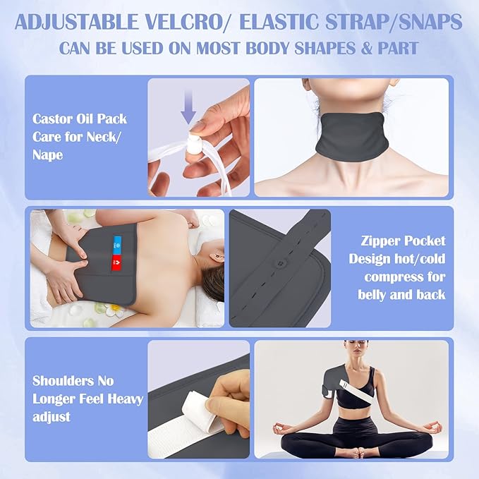 Castor Oil Pack Wrap, 9 Pcs Organic Castor Oil Packs Kit for Entire Body Neck Shoulder Waist Back Hand Knee Leg and Feet, Reusable Pads Kit for Hot/Cold Castor Oil Compress for Woman/Man【Grey】