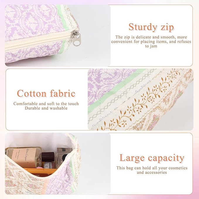 Anfly Makeup Bag, Quilted Cosmetic Bags, Large Floral Make Up Bag, Cute Makeup Bag 3PC Set for Women Girls (Color Clash)