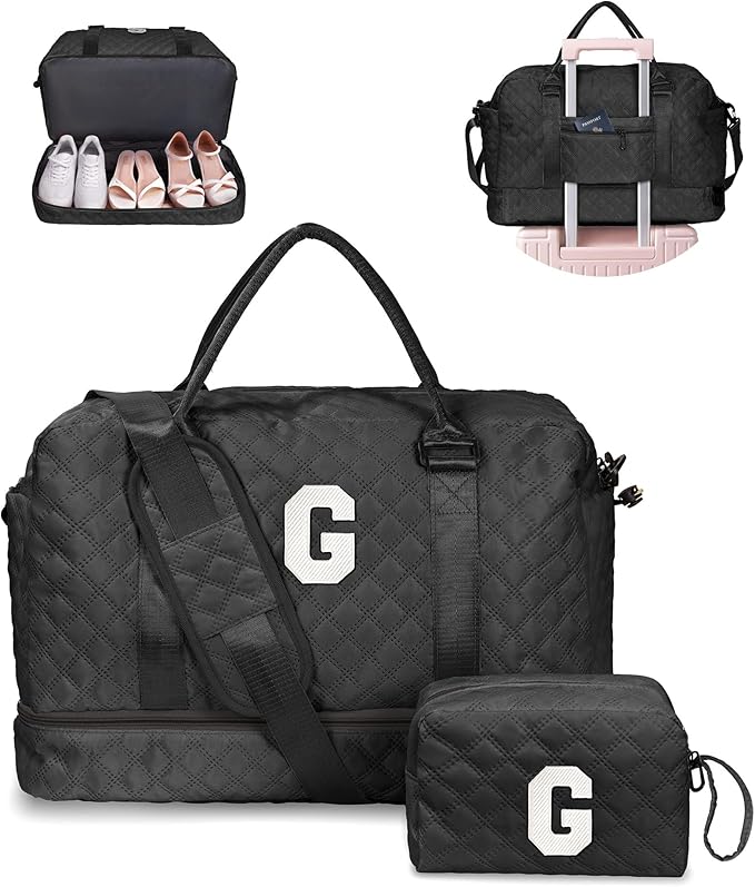 Women Gifts for Wife-Initial Duffle Bag with Shoe Compartment, Weekender Bag, Monogram Overnight Bag, Letter Travel Bag with Makeup Bag，Personalized Gift Idea for Women Her (Letter G)