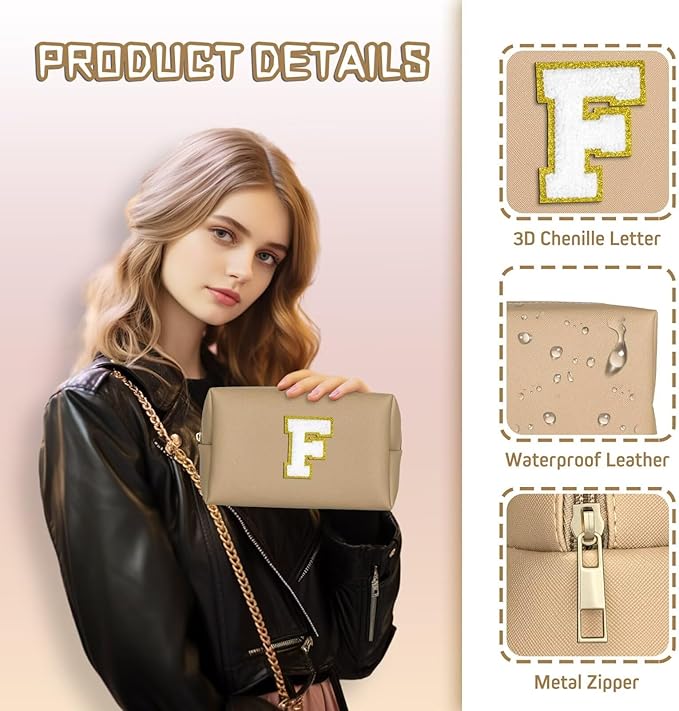 TOPEAST Preppy Stuff for Girls, Initial Makeup Bag Chenille Letter Pouch Cosmetic Bag with Zipper, PU Leather Waterproof Toiletry Bag, Cute Stuff Birthday Gift for Friends Sister (Khaki T)