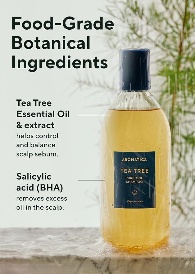 AROMATICA Clarifying Tea Tree Shampoo, Organic Tea Tree Oil, Natural, Dandruff, and Itchy Scalp Care, scalp exfoliator, for Men & Women, include Mint and Peppermint, Sulfate Free, Vegan, 13.5 fl oz