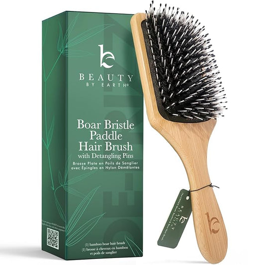 Boar Bristle Paddle Hair Brush - Smoothing Wood Brush for Thick, Curly & Wavy Hair, Detangling Natural Bristles for Women, Stimulates Scalp