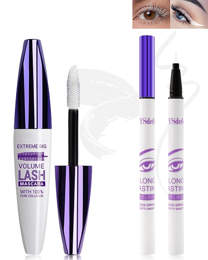 White Mascara Liquid Eyeliner Set,5D Waterproof Fiber Colored Mascara Volume and Length,Longlasting Smudgeproof Color Eye Liner Pen,Cosplay Party Stage Use,Halloween Makeup Gift Kit for Women Girl